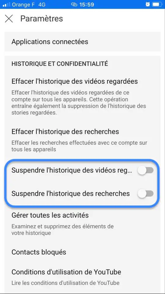 suspendre historique vidéo yourube iphone