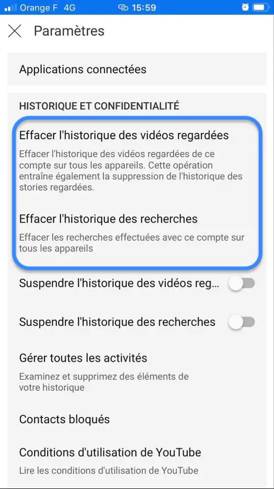 effacer historique vidéos youtube